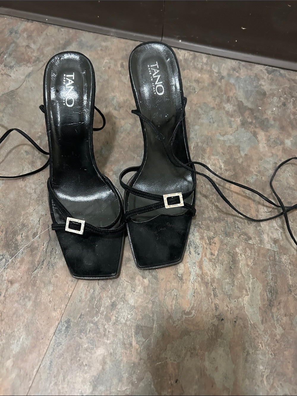 Tano Black Suede Square-Toe Lace-Up Heeled Sandals with Buckle Accent